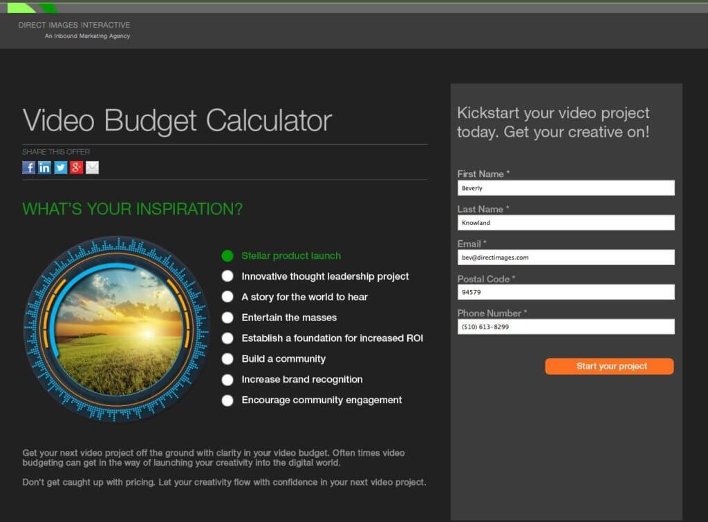 Video Budget Calculator Landing Page